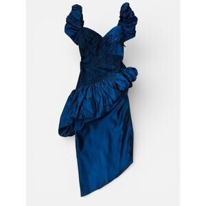 Yvonne LaFleur VNTG 90s Midi Dress Size 5 ? Puff Sleeve Asymmetrical Ruffles